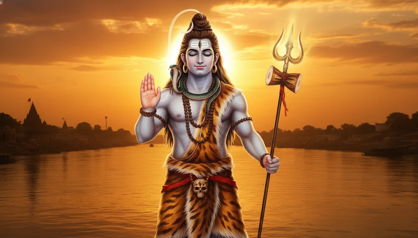 Lord Shiva giving blessings with a golden sunset background 1080p.