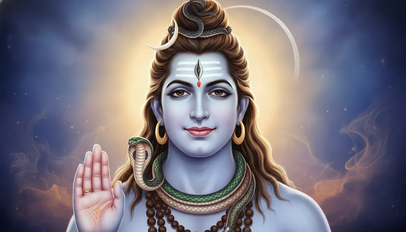 Close-up portrait of Lord Shiva raising blessing hand with calm divine expression and spiritual glow