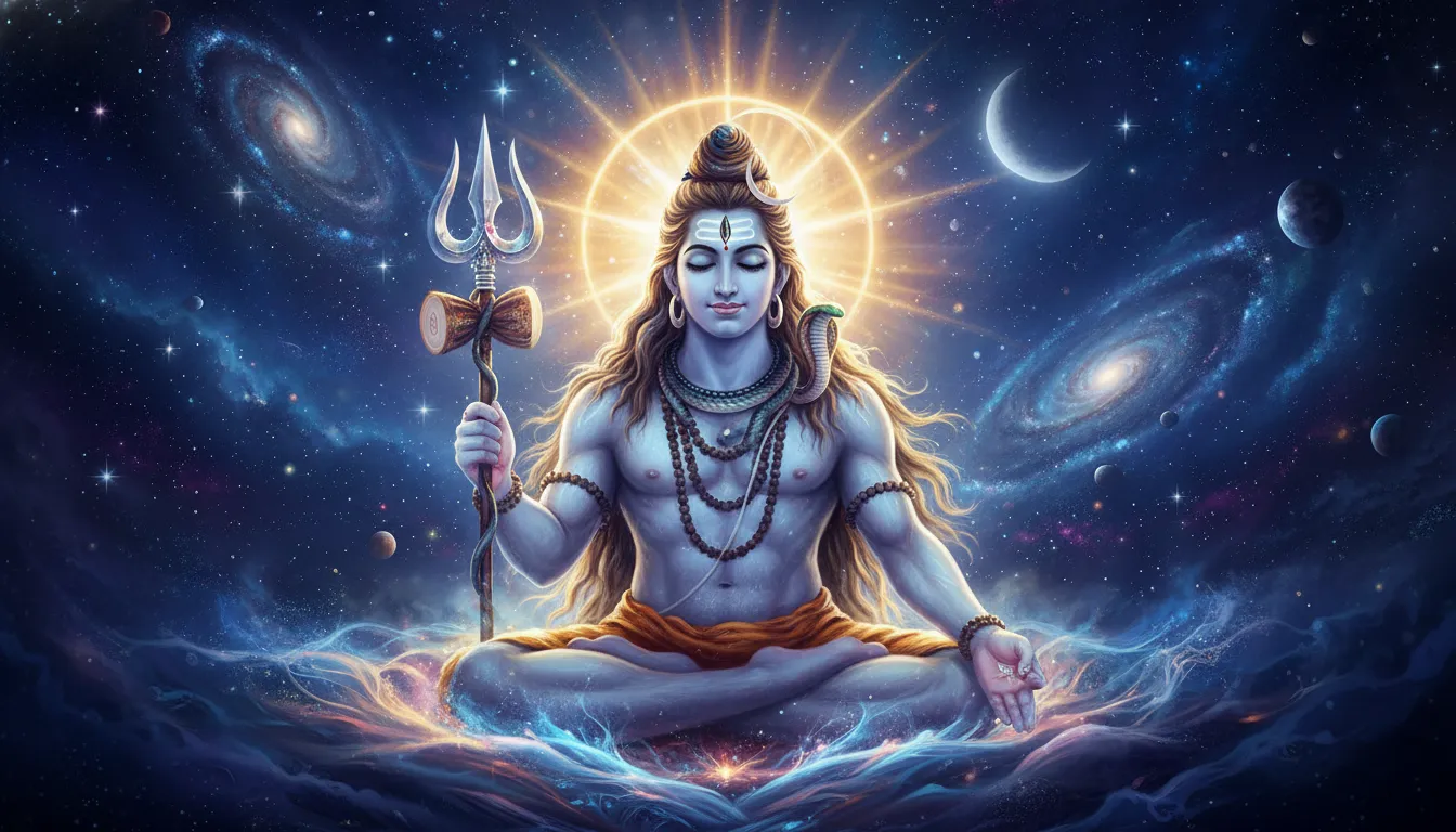 Lord Shiva with cosmic background and glowing spiritual aura