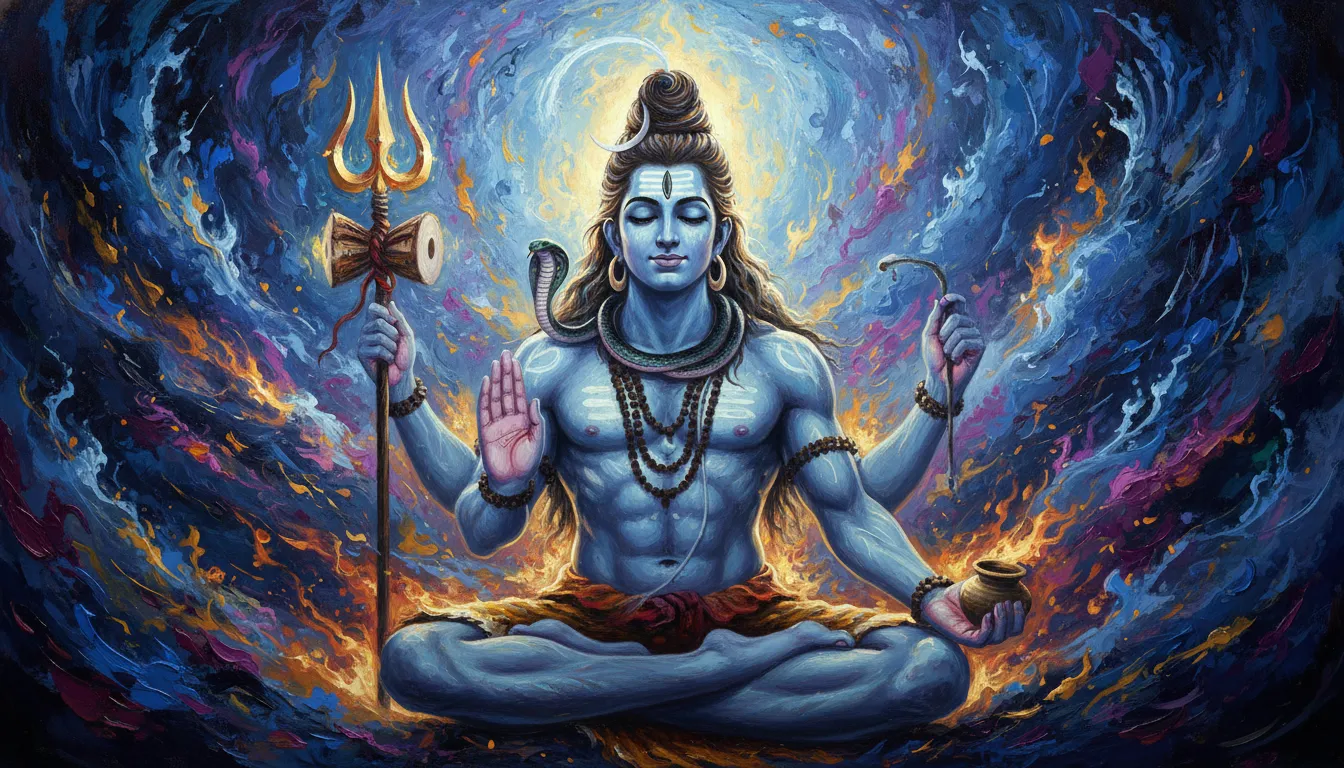 Artistic painting of Lord Shiva sitting in meditation with flowing hair and a Trishul.