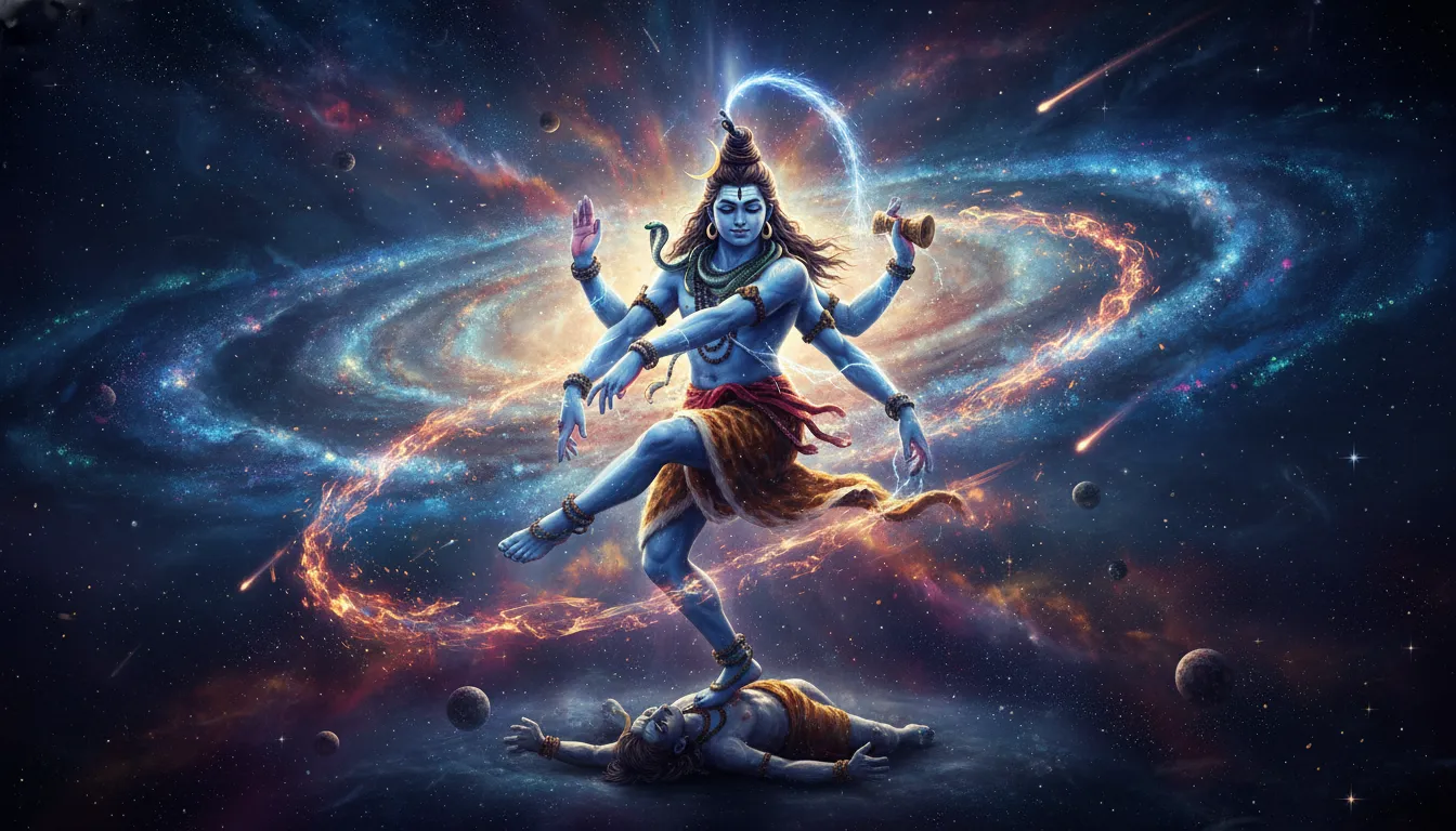 Lord Shiva performing the Tandava dance amidst a galaxy and celestial light, high definition 1080p.