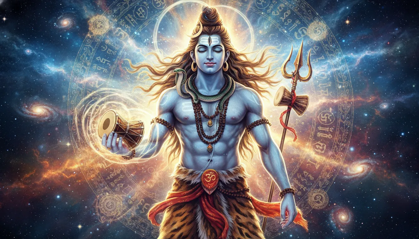 Lord Shiva with damru and spiritual glowing background