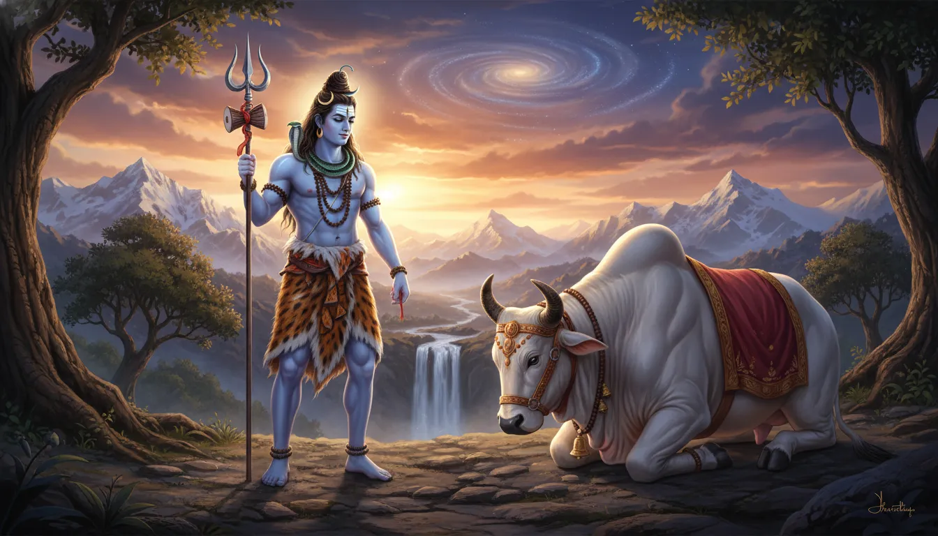 Lord Shiva facing Nandi, his sacred bull, with a trident in hand and powerful presence.