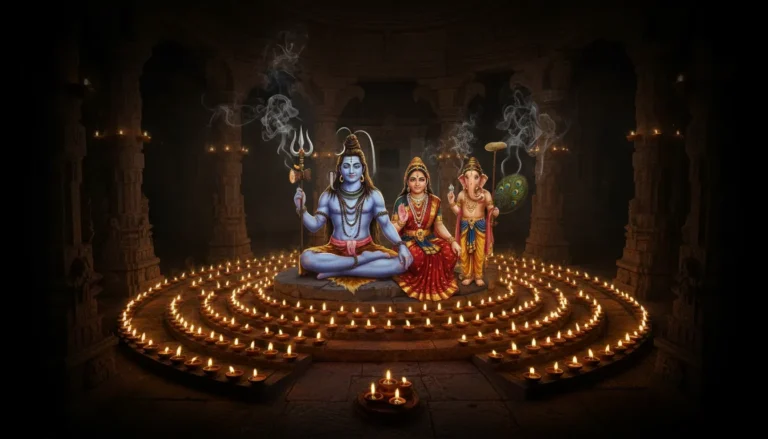 Shiva family surrounded by diyas and incense smoke in high resolution.