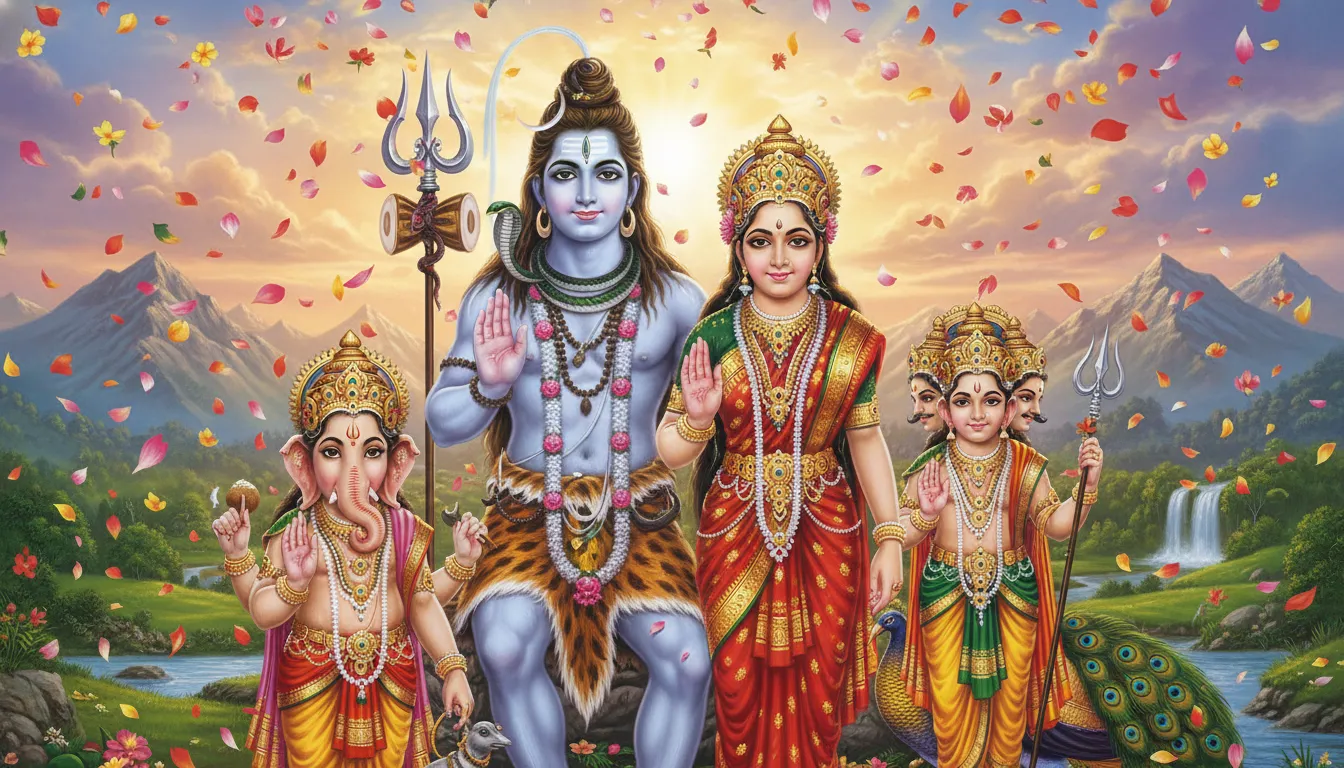 Lord Shiva family in a blessing posture with flowers falling from heaven.