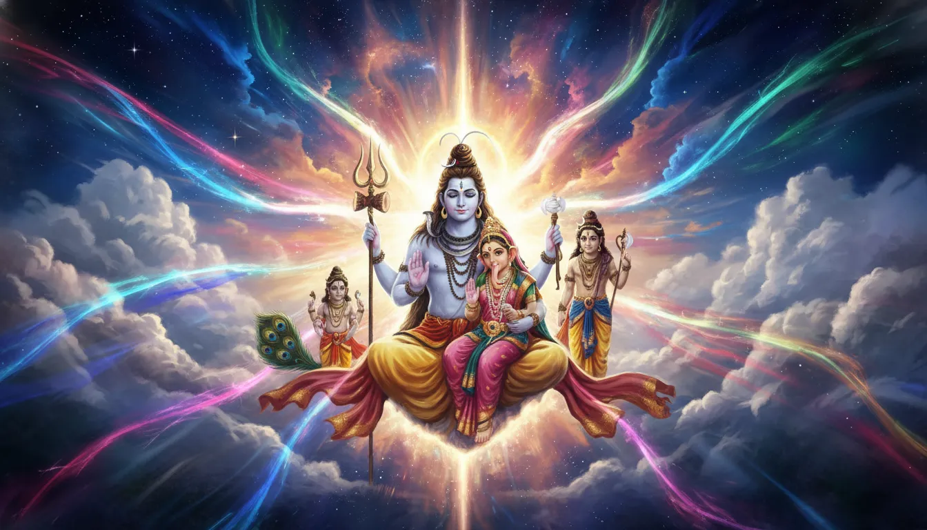 Spiritual image of Shiva family with glowing divine chakras and auras.