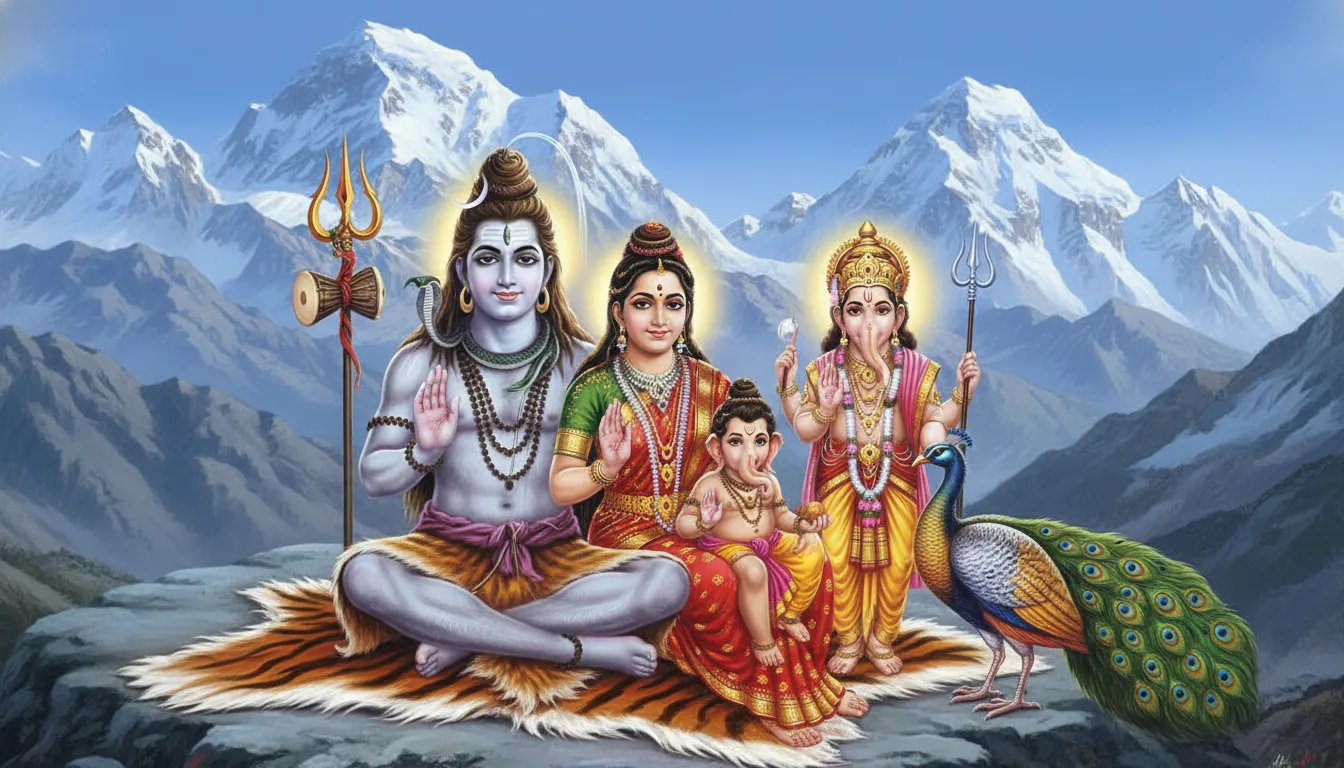 Lord Shiva, Mata Parvati, Lord Ganesha, and Kartikeya sitting together on Mount Kailash.