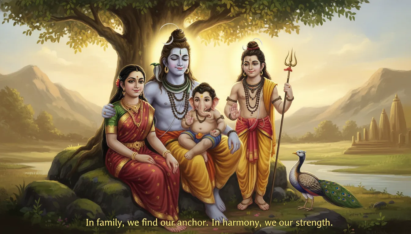 A heartwarming digital art of Lord Shiva, Goddess Parvati, Lord Ganesha, and Lord Kartikeya sitting together as a family.
