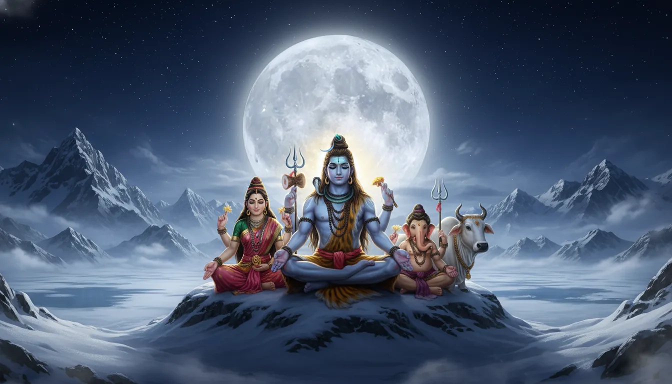 Shiva family meditating under a full moon in 1080p.