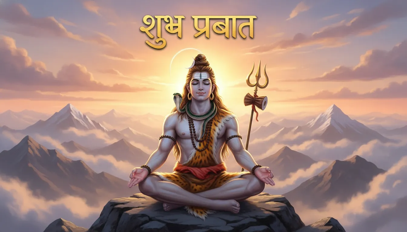 Lord Shiva meditating on a mountain with 'Suprabhat' written in Hindi.