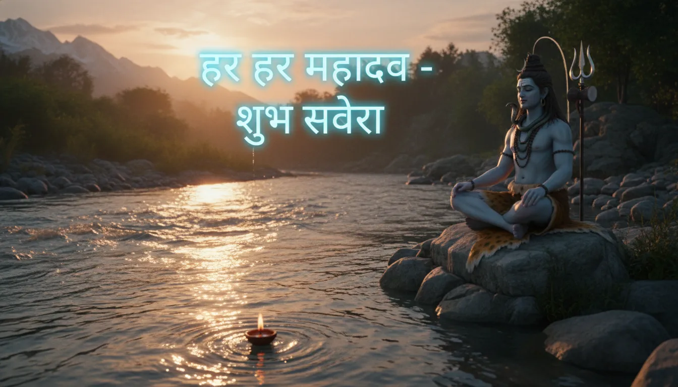 Lord Shiva sitting by the river Ganga at sunrise with Hindi greetings.