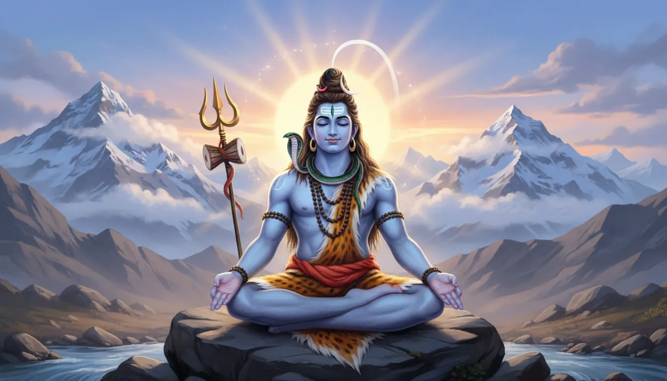Lord Shiva meditating in a peaceful mountain setting for mobile wallpaper