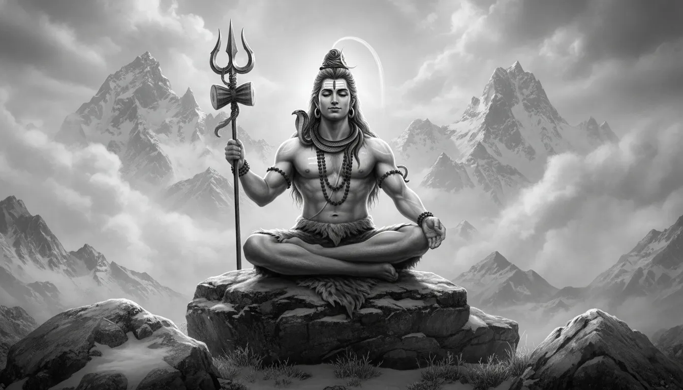 Lord Shiva holding a trident in a black and white Himalayan mountain scene