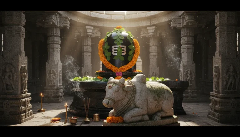 A black stone Shiva Lingam with a stone Nandi bull in a traditional Hindu temple setting.