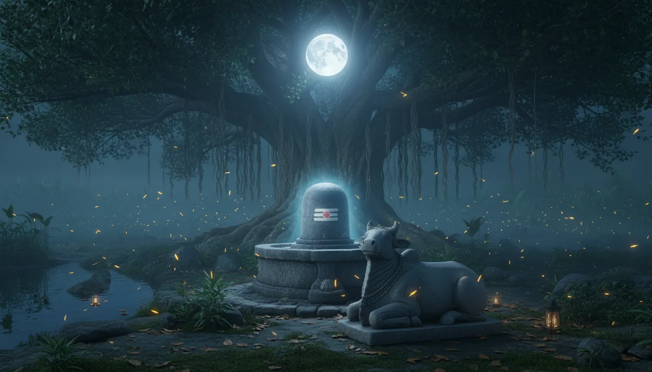 Night view of a glowing Shiva Lingam and Nandi under a bright full moon.