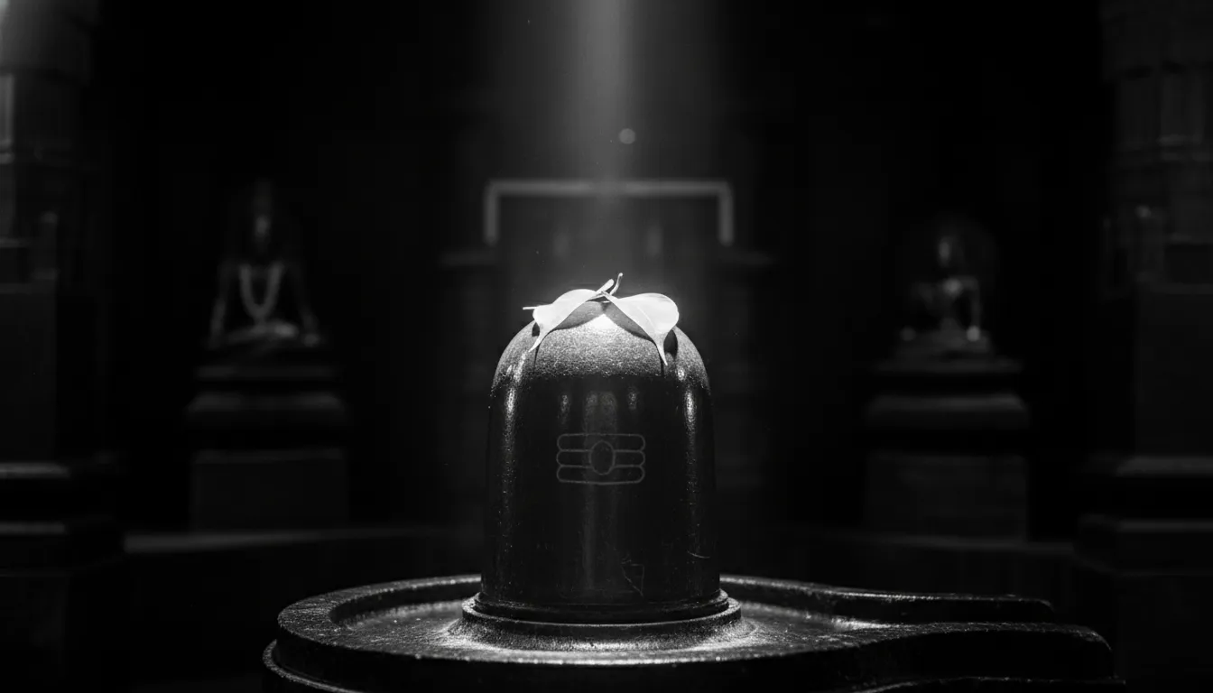 A sacred Shiva Lingam in a temple setting with shadows and light.