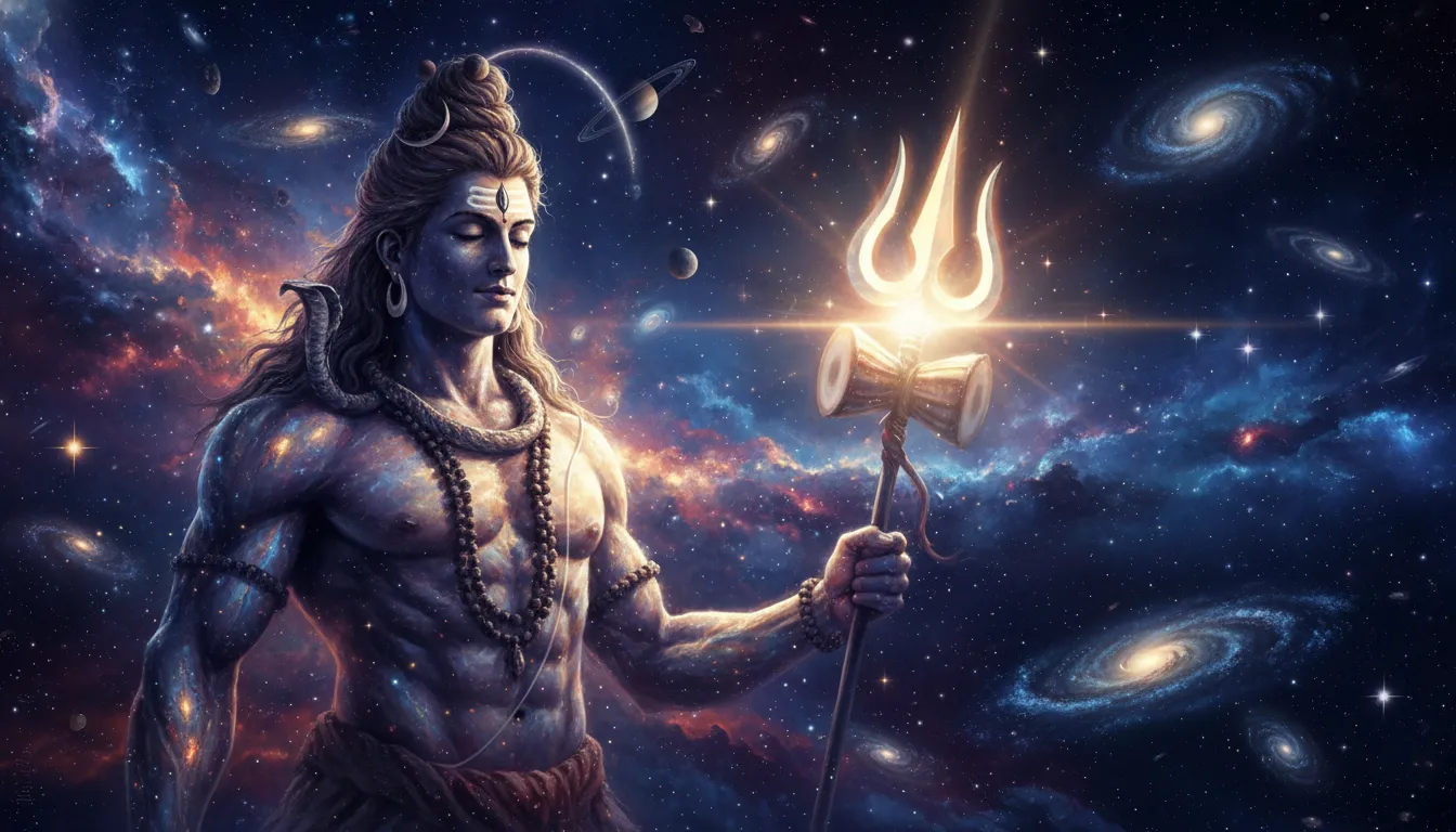 An abstract cosmic representation of Lord Shiva as Mahakal in deep space with planets, 1080p resolution.