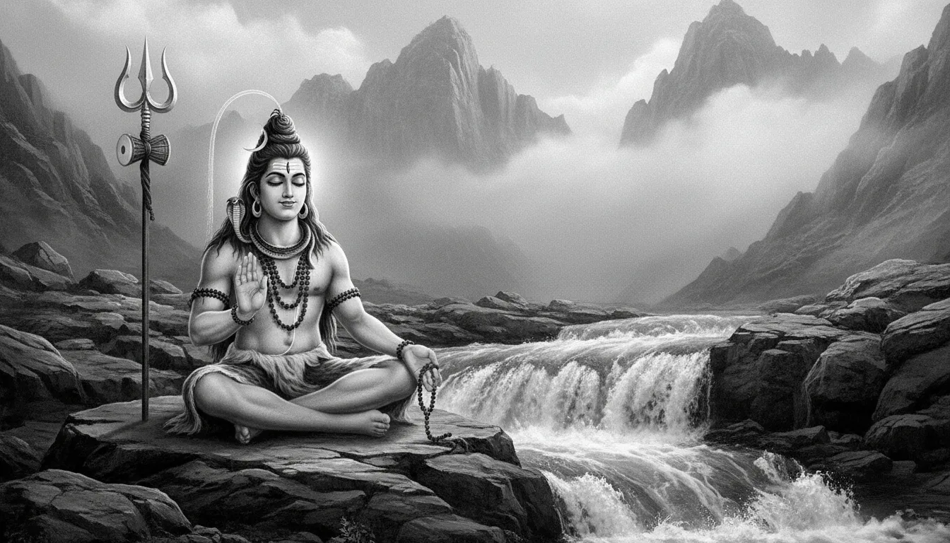 Lord Shiva black and white image sitting in meditation beside a wide waterfall and mountains
