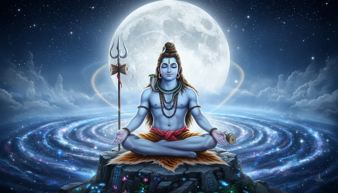 Lord Shiva in deep meditation under the moonlit sky, with a divine aura surrounding him.