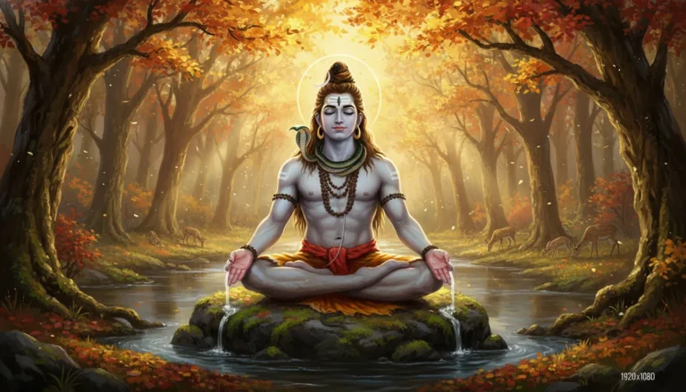 Lord Shiva sitting in meditation inside an autumn forest with peaceful natural surroundings