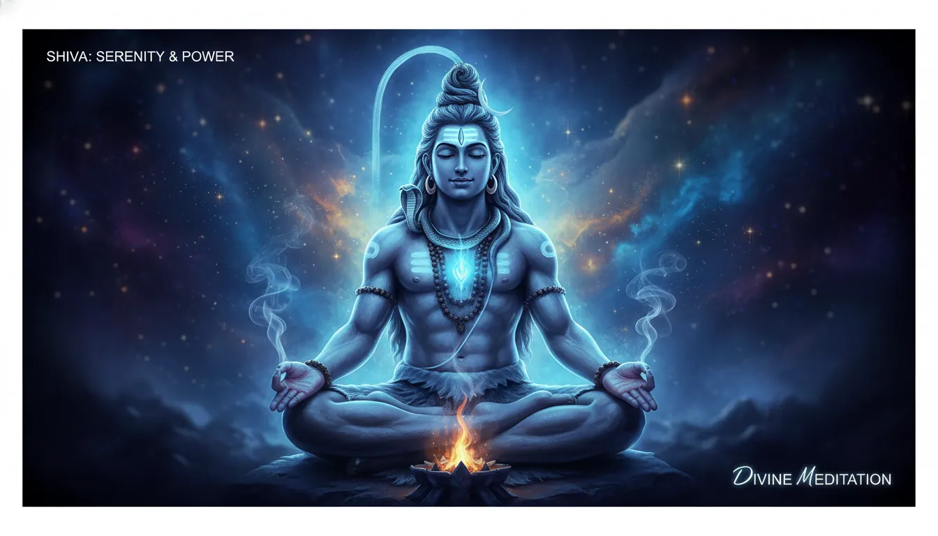 Shiva statue glowing in blue light, with a peaceful expression, representing meditation.