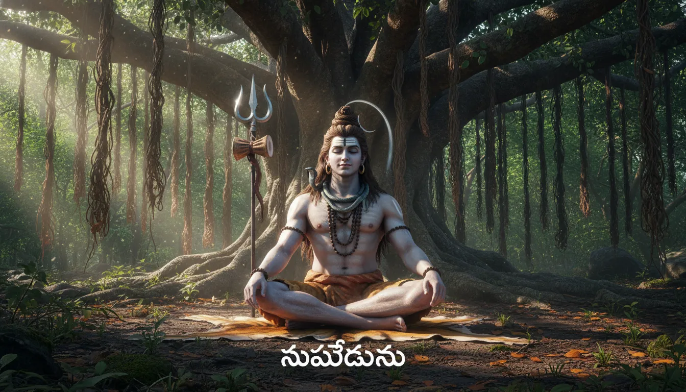 Lord Shiva in deep meditation under a tree with Telugu morning wishes.