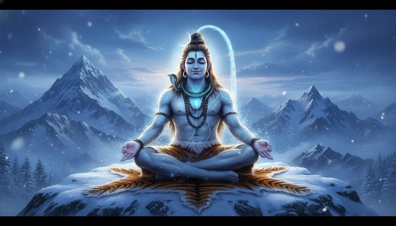 Lord Shiva in a deep meditative state on Mount Kailash, surrounded by snow and divine blue aura, 1080p download.