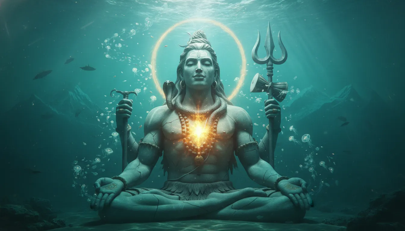 Lord Shiva sitting in a cross-legged yoga pose on a snowy mountain cliff under a blue sky.