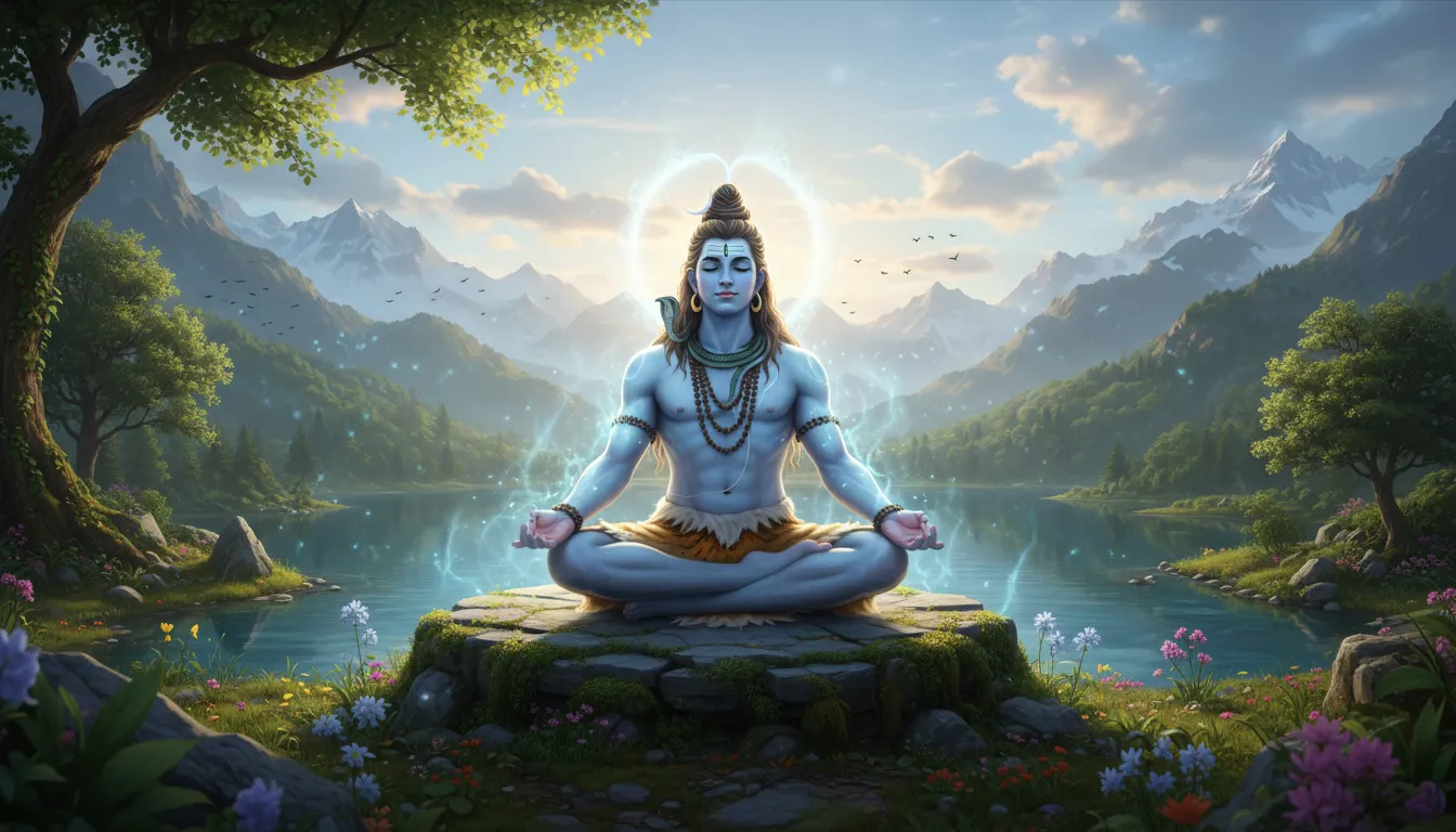 Shiva in deep meditation, surrounded by cosmic energy, sitting amidst mountain peaks.