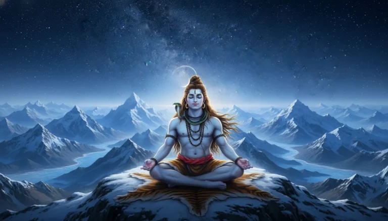 Lord Shiva meditating on a snow-covered mountain peak, Mount Kailash, in high resolution 1080p.
