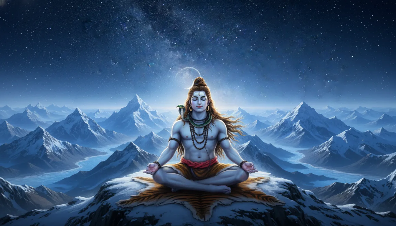 Lord Shiva meditating on a snow-covered mountain peak, Mount Kailash, in high resolution 1080p.