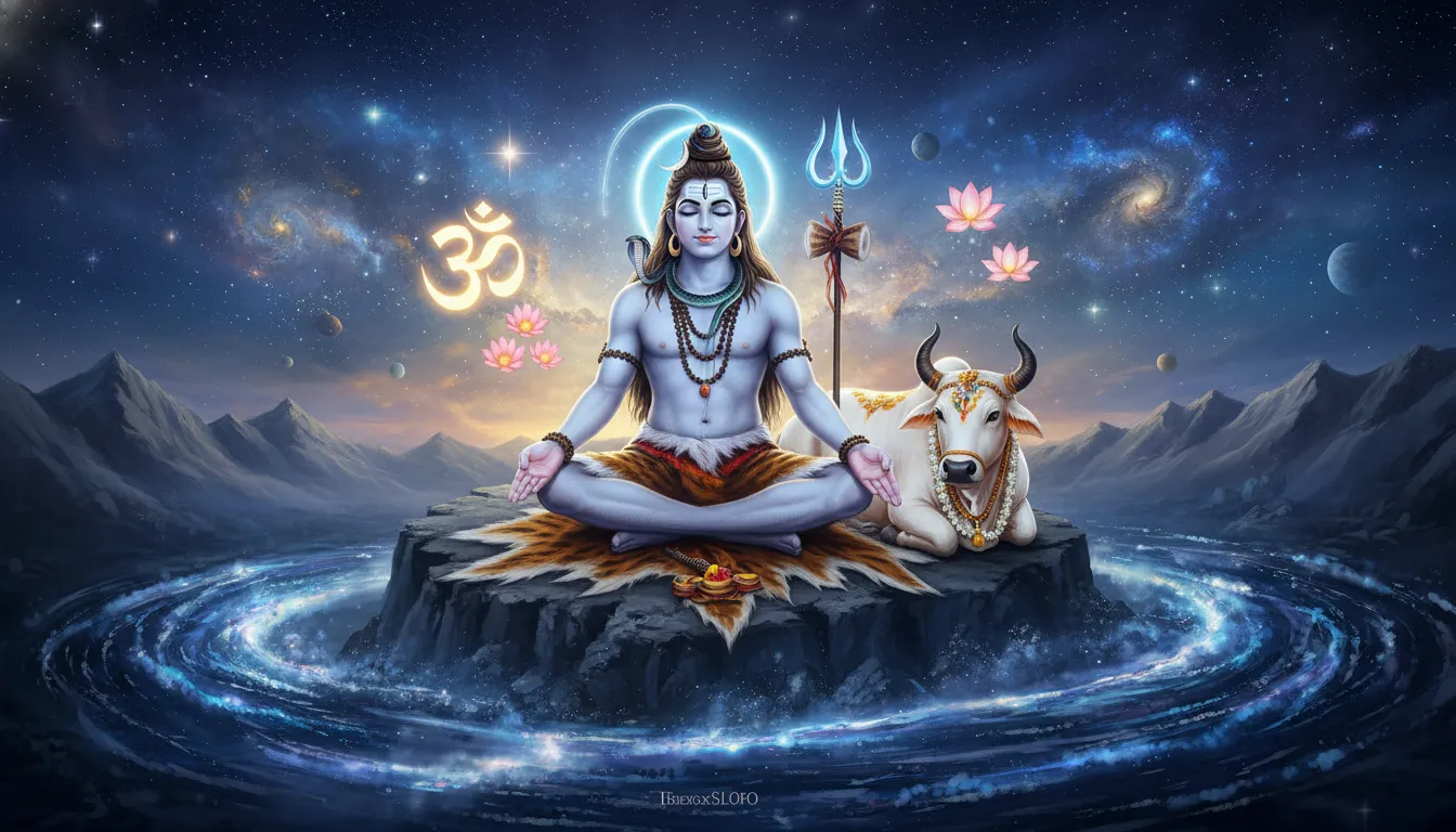 lord shiva meditating with crescent moon and nandi cow spiritual digital art