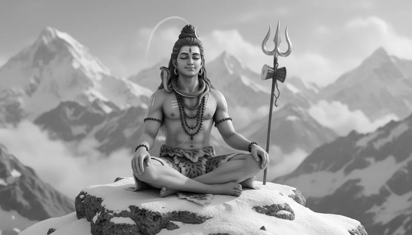 Black and white Lord Shiva sitting on a snowy mountain peak in meditation