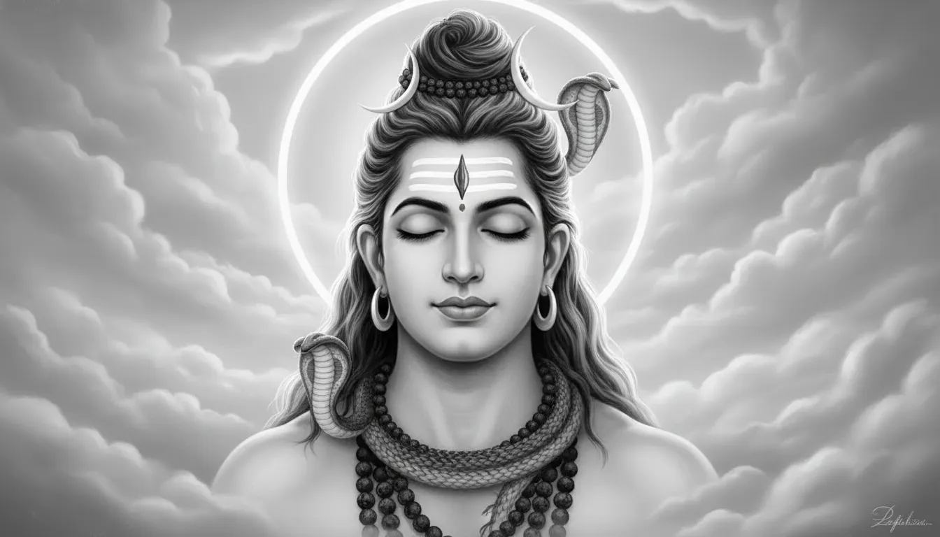 Black and white portrait of Lord Shiva meditating with a glowing halo