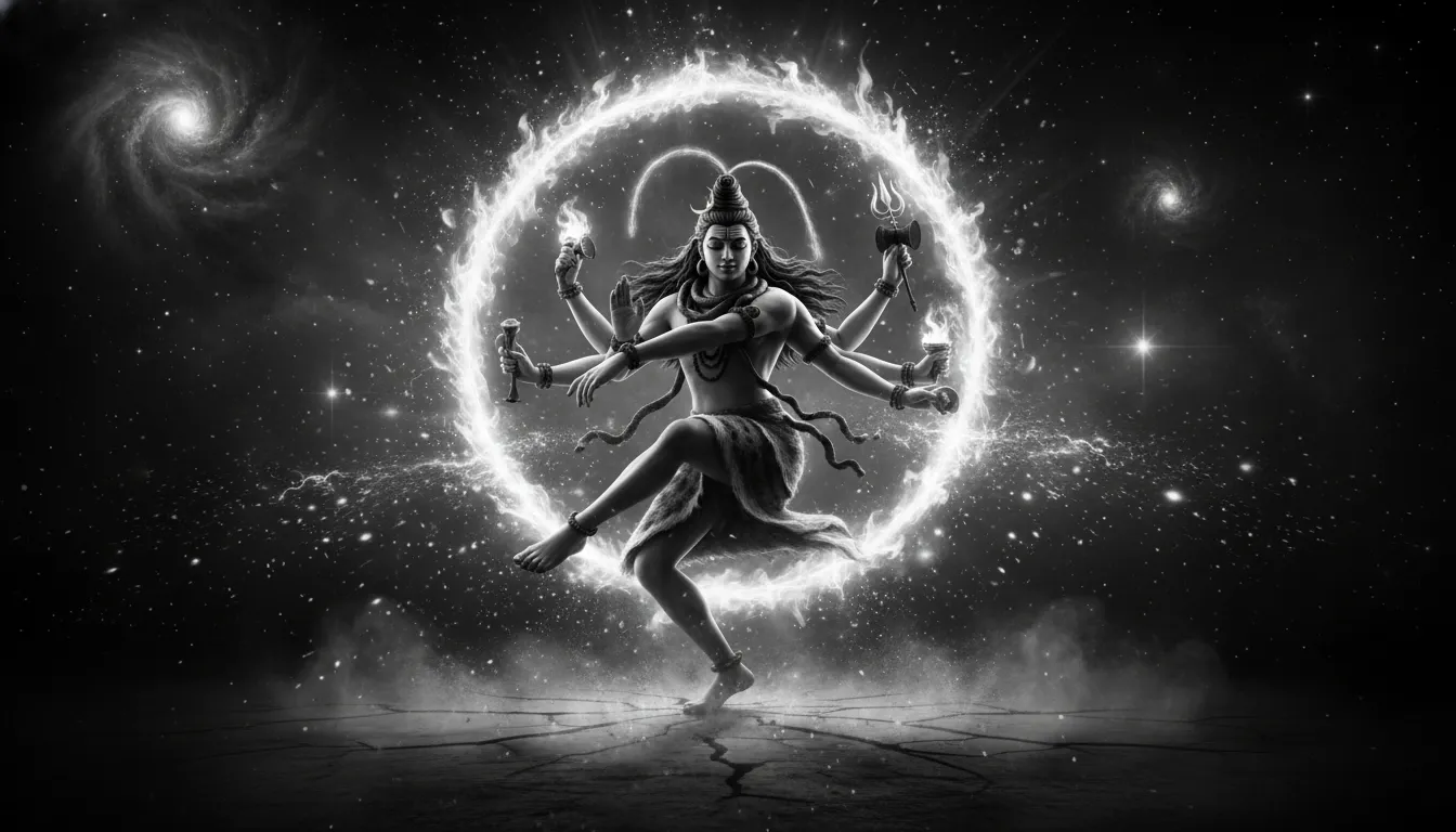 Black and white silhouette of Lord Shiva performing the Tandava dance surrounded by a ring of fire.