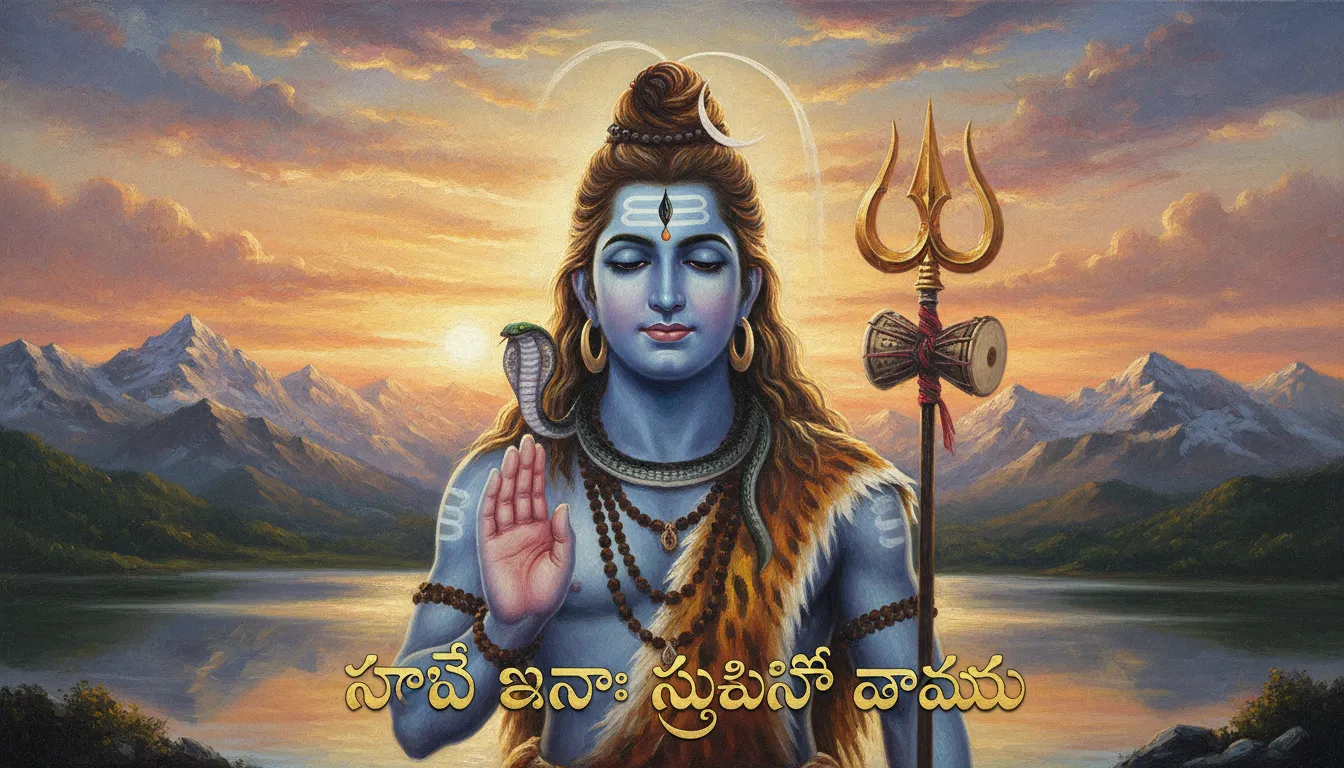 Intense blue-skinned Lord Shiva with morning light and Telugu blessings.