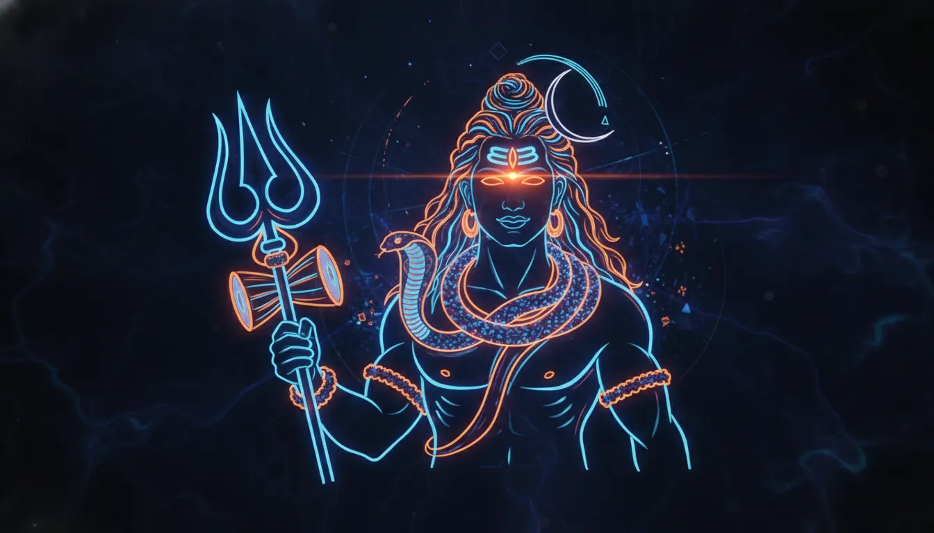 Vibrant neon outline of Lord Shiva with glowing blue and orange lights.