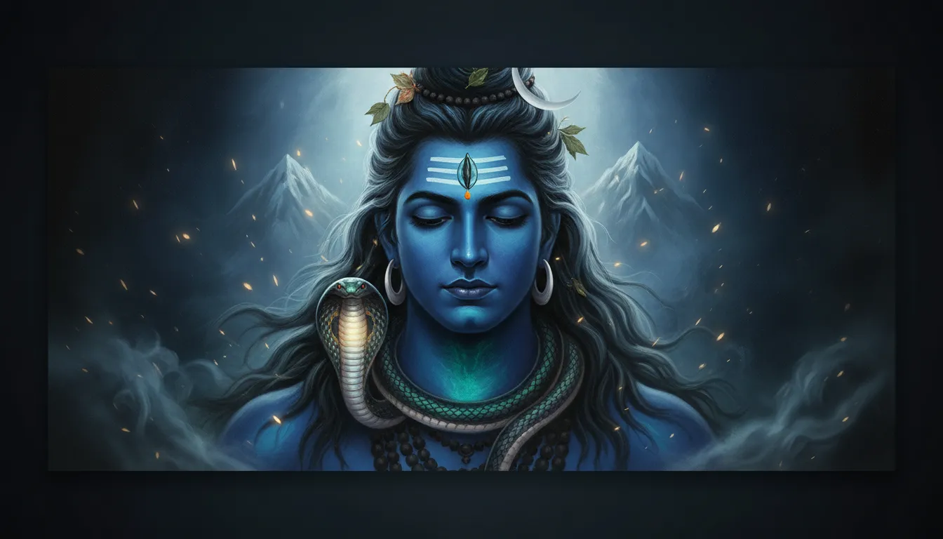 A dramatic portrayal of Lord Shiva as Nilkanth with the blue throat, high-definition 1080p resolution.
