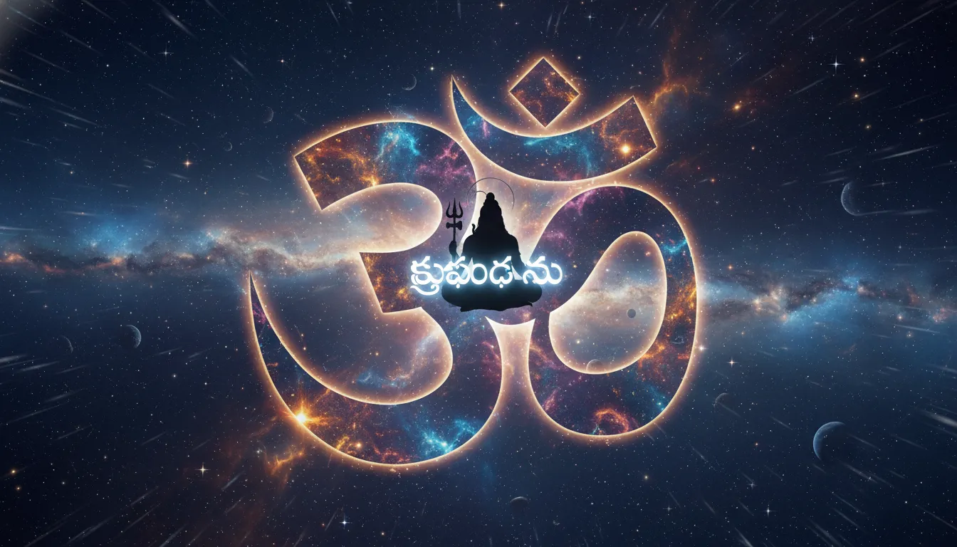 Glowing Om symbol with Lord Shiva silhouette and Telugu morning greetings.