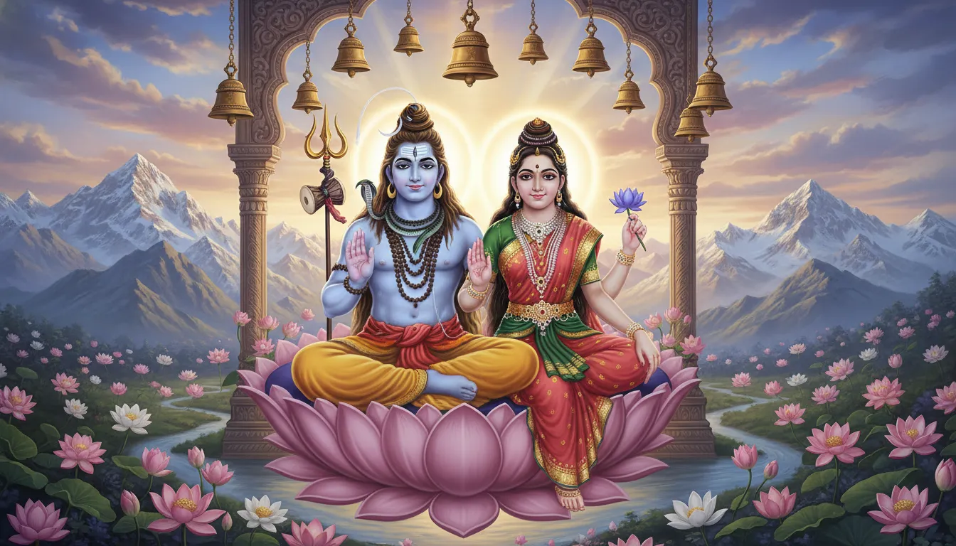 Lord Shiva and Parvati blessing devotees in a divine HD wallpaper