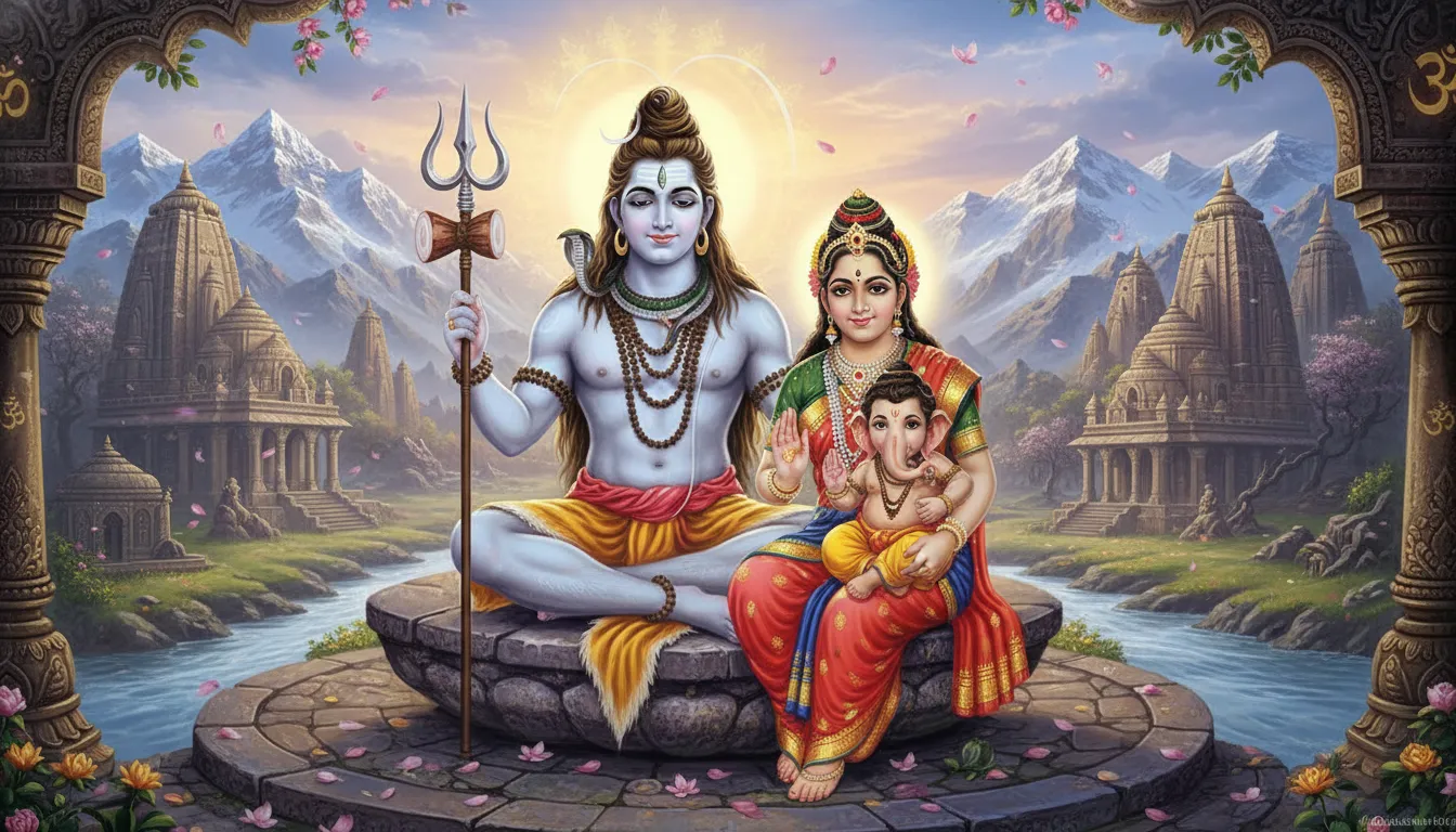 Lord Shiva and Parvati with a divine family theme in a peaceful setting