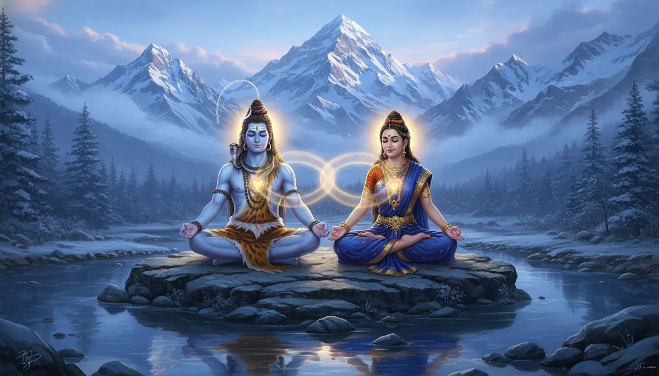 Lord Shiva and Parvati meditating together in a sacred mountain setting