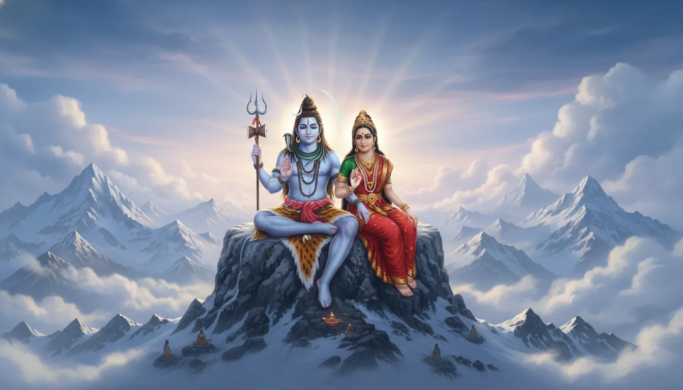 Lord Shiva and Parvati on Mount Kailash with a spiritual background