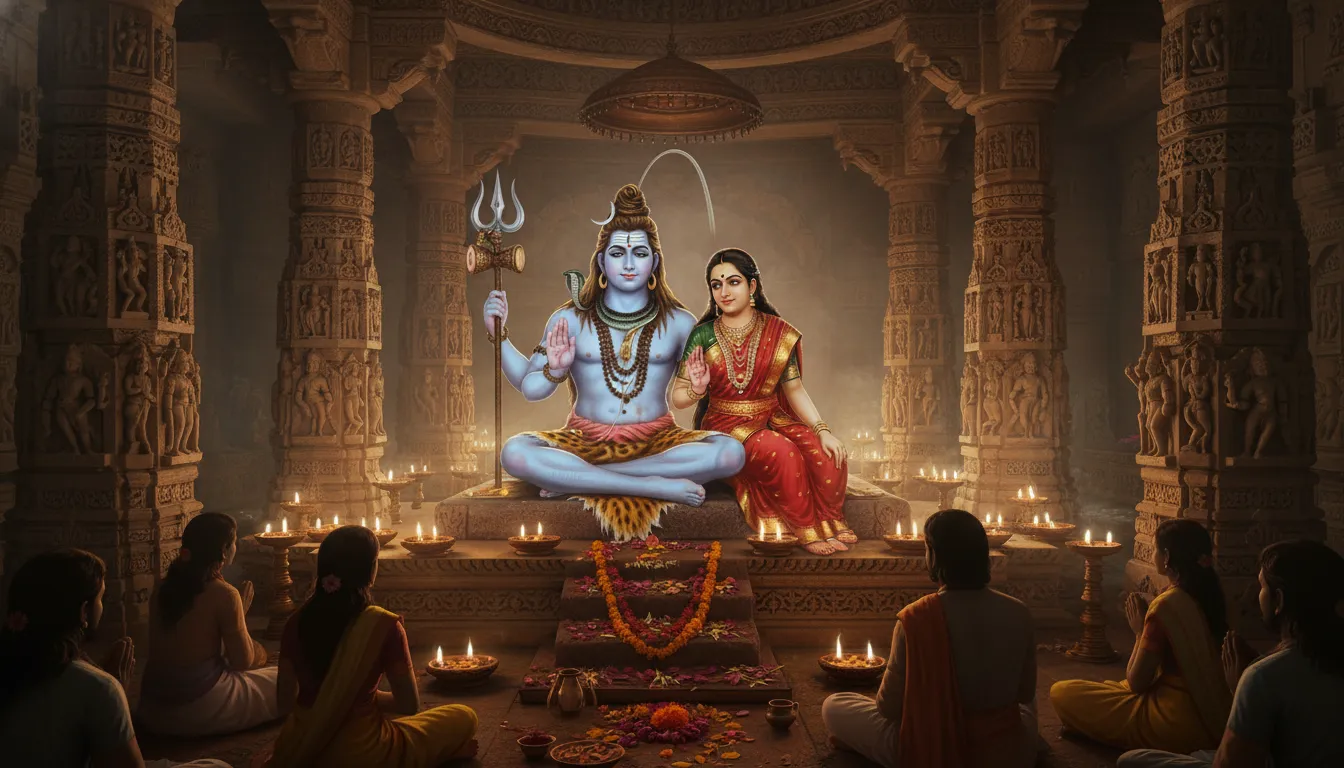 Lord Shiva and Parvati in a temple with glowing lamps and spiritual light