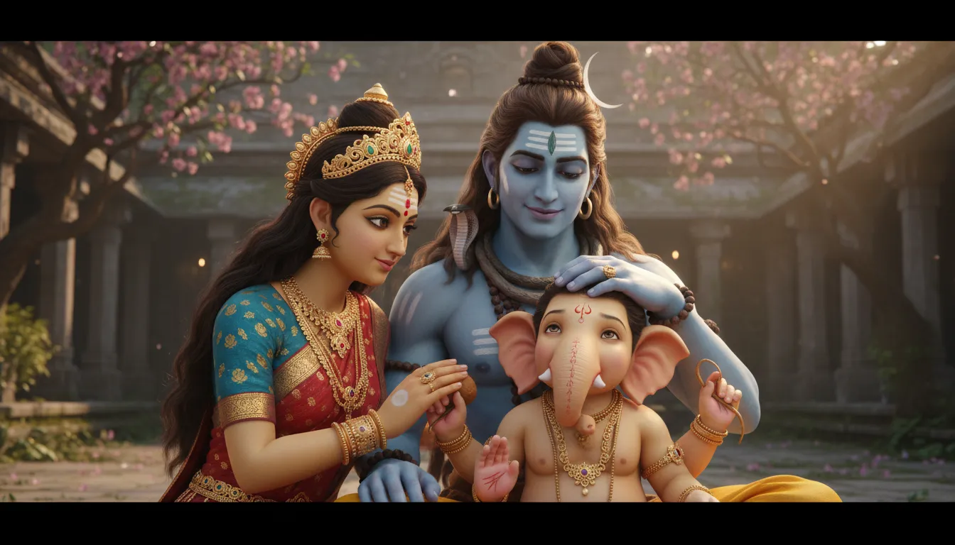 Close-up of Shiva and Parvati lovingly looking at Ganesha in 1080p resolution.