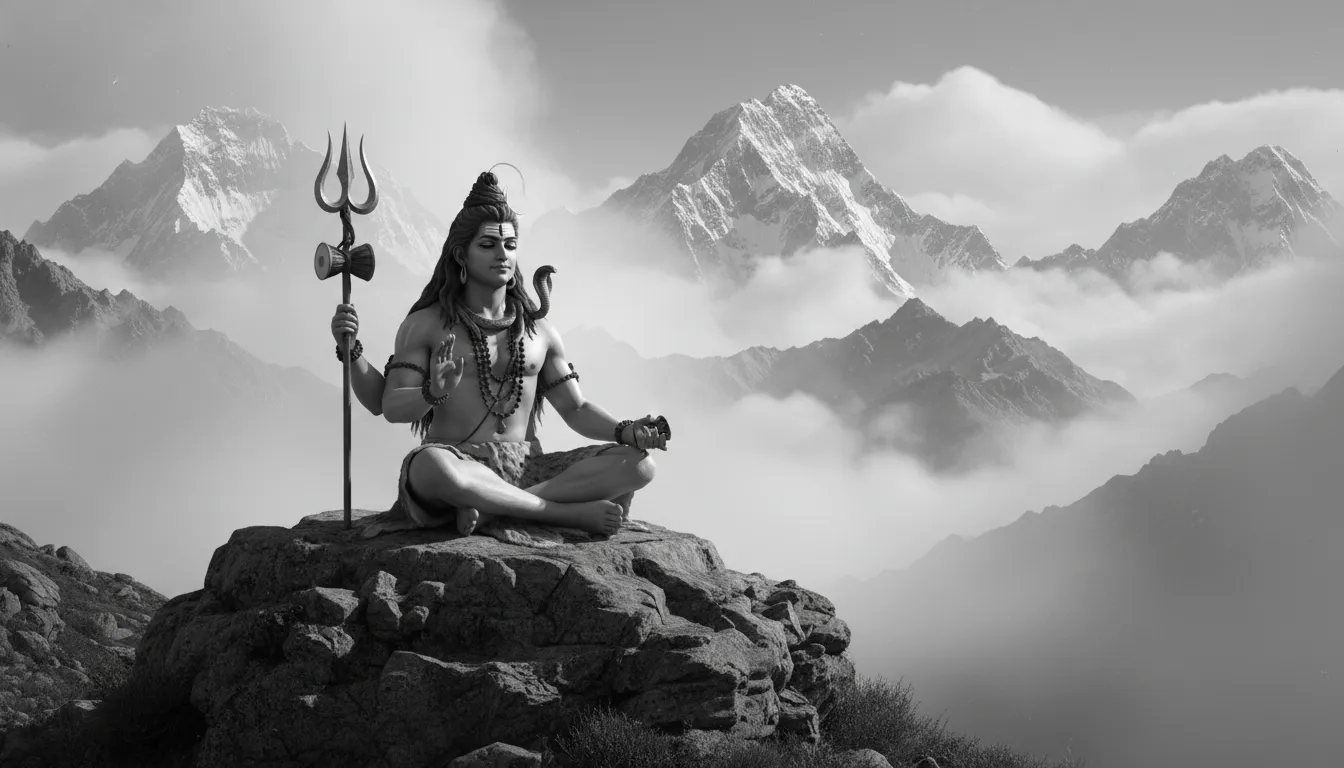 Lord Shiva sitting in peaceful meditation with snowy mountains in black and white