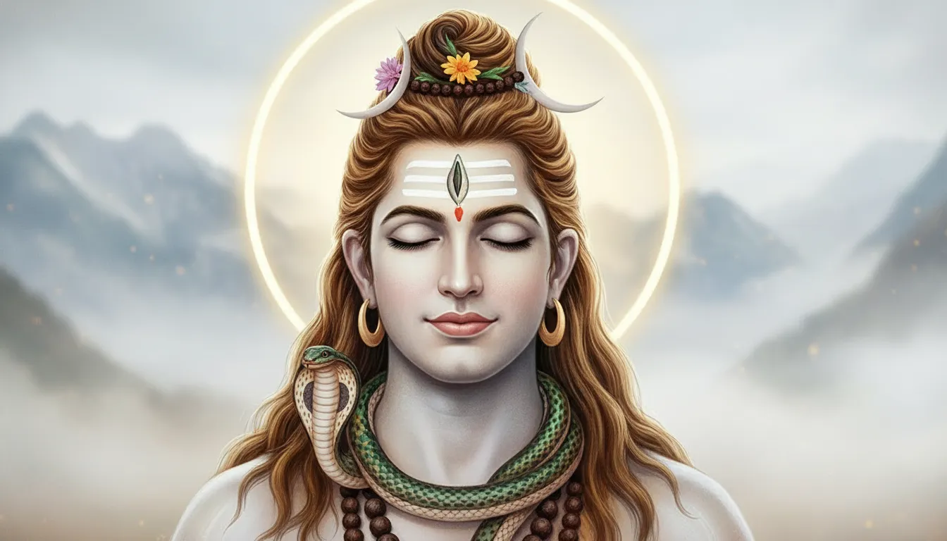 Lord Shiva black and white portrait with closed eyes, sacred beads, and halo