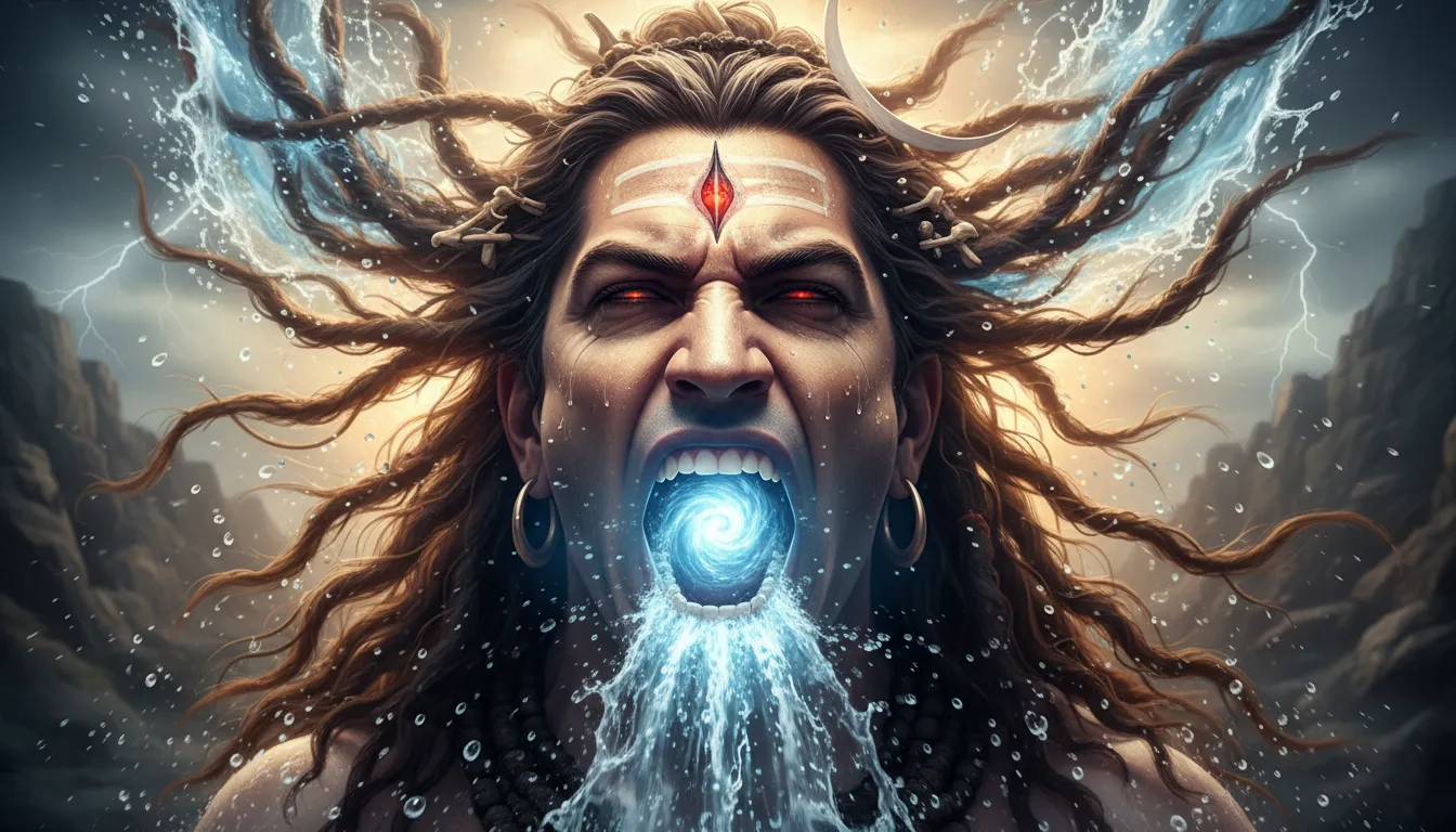 Lord Shiva shouting in rage with flying hair and intense lighting.