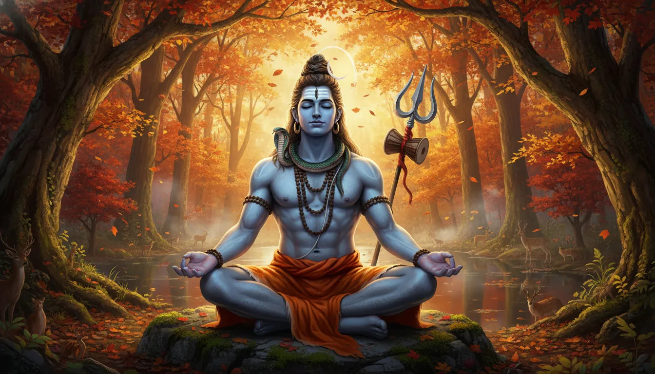: Lord Shiva sitting in autumn forest meditating peaceful scene