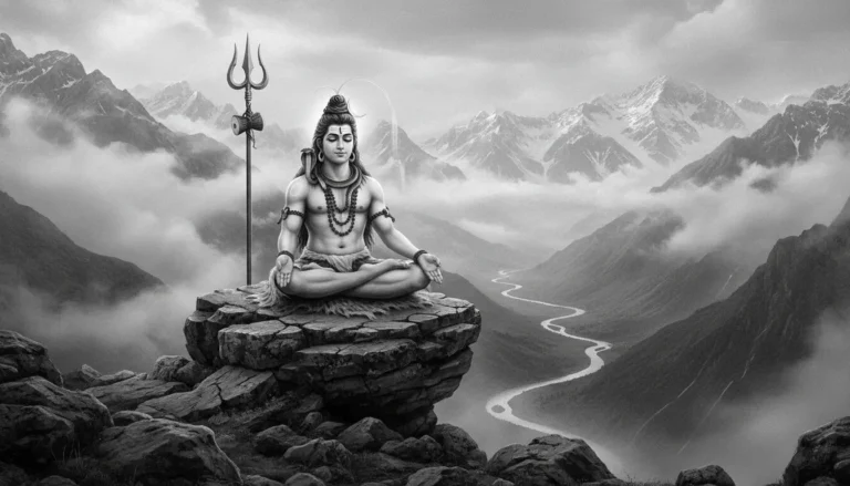 Lord Shiva sitting on a rocky mountain platform in black and white devotional art